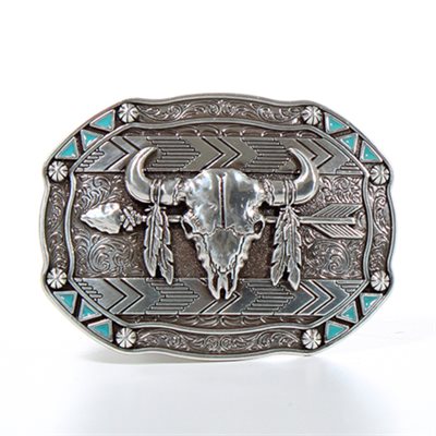 Nocona belt buckle - Bull skull with arrows and feathers