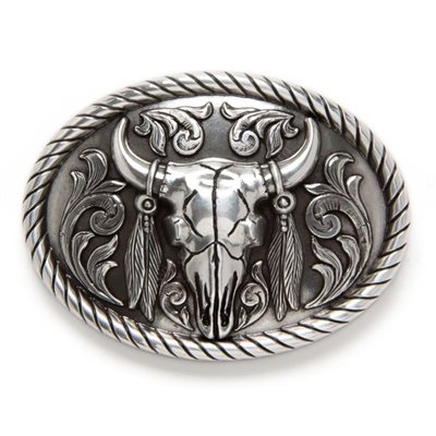 Nocona steer skull with feathers belt buckle - Silver color