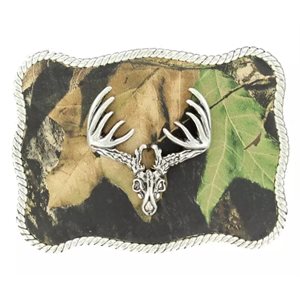 Nocona belt buckle - Deer skull on a camo background