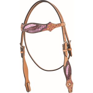 Country Legend Gator & Feathers Browband Headstall - Golden & Pink