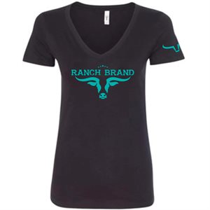 Ranch Brand Ladies Cow 1 Western T-Shirt - Black with Turquoise Logo